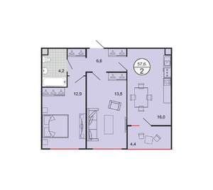 2-к квартира, вторичка, 58м2, 1/19 этаж