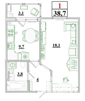 1-к квартира, строящийся дом, 39м2, 8/9 этаж