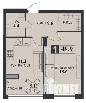 1-к квартира, строящийся дом, 49м2, 9/12 этаж