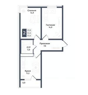 2-к квартира, вторичка, 56м2, 12/22 этаж