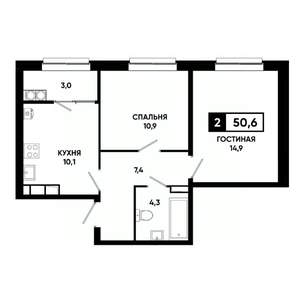 2-к квартира, строящийся дом, 51м2, 15/19 этаж