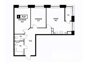 2-к квартира, вторичка, 72м2, 13/22 этаж