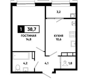 1-к квартира, строящийся дом, 39м2, 12/21 этаж