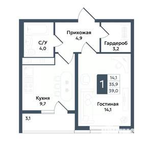1-к квартира, вторичка, 39м2, 3/20 этаж