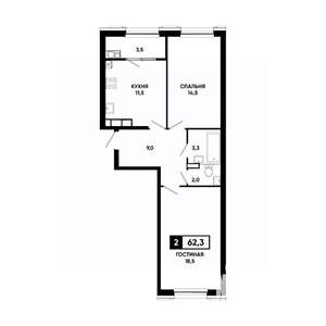 2-к квартира, вторичка, 62м2, 16/16 этаж