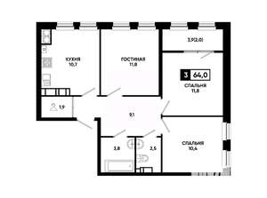 3-к квартира, вторичка, 64м2, 21/24 этаж