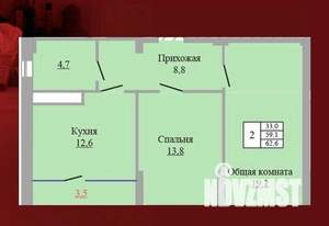 2-к квартира, вторичка, 63м2, 6/9 этаж