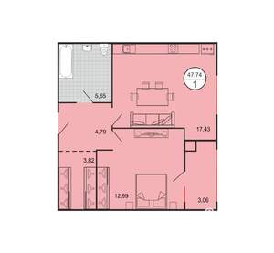 1-к квартира, вторичка, 48м2, 1/6 этаж