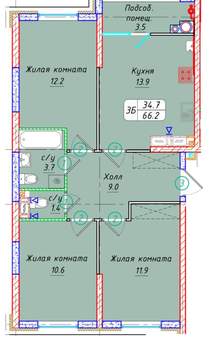 3-к квартира, вторичка, 66м2, 20/21 этаж
