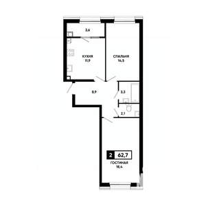 2-к квартира, вторичка, 63м2, 2/16 этаж