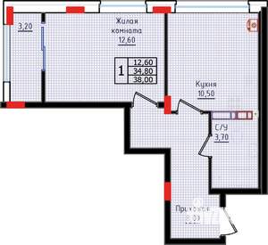 1-к квартира, строящийся дом, 38м2, 8/10 этаж