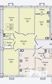 3-к квартира, сданный дом, 89м2, 10/16 этаж
