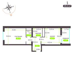 1-к квартира, вторичка, 45м2, 7/19 этаж