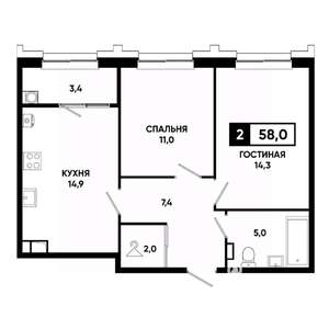2-к квартира, строящийся дом, 58м2, 9/21 этаж