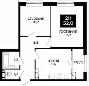 2-к квартира, вторичка, 52м2, 24/24 этаж