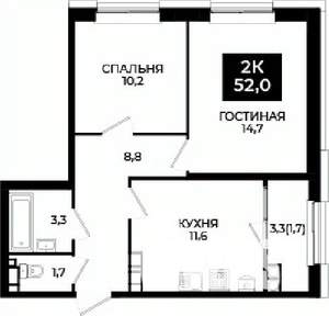 2-к квартира, вторичка, 52м2, 21/24 этаж