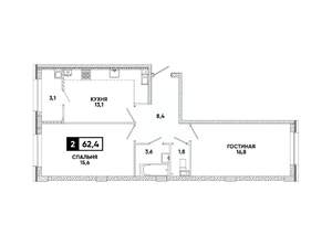 2-к квартира, вторичка, 62м2, 8/16 этаж