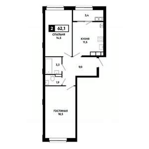 2-к квартира, строящийся дом, 62м2, 14/19 этаж