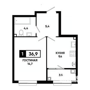 1-к квартира, строящийся дом, 37м2, 2/19 этаж