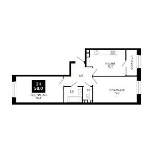 2-к квартира, вторичка, 58м2, 12/24 этаж