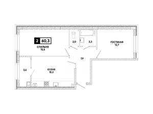 2-к квартира, вторичка, 60м2, 2/12 этаж