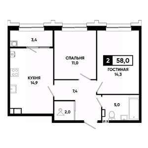 2-к квартира, строящийся дом, 58м2, 11/21 этаж