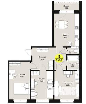3-к квартира, строящийся дом, 95м2, 9/12 этаж