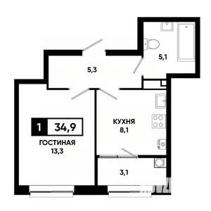 1-к квартира, строящийся дом, 35м2, 2/19 этаж