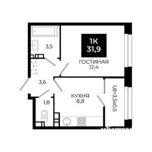 1-к квартира, вторичка, 32м2, 7/24 этаж