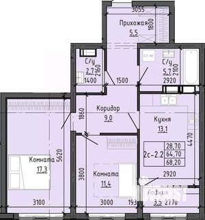 2-к квартира, вторичка, 68м2, 13/25 этаж