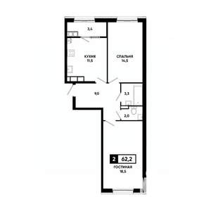 2-к квартира, вторичка, 62м2, 16/18 этаж