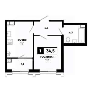 1-к квартира, строящийся дом, 35м2, 8/21 этаж