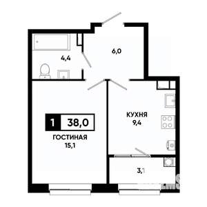 1-к квартира, вторичка, 38м2, 3/19 этаж