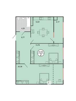 2-к квартира, строящийся дом, 65м2, 3/6 этаж