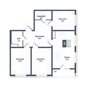 3-к квартира, вторичка, 89м2, 11/20 этаж