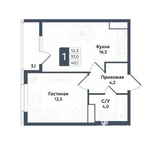 1-к квартира, вторичка, 40м2, 6/22 этаж