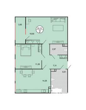2-к квартира, строящийся дом, 66м2, 2/6 этаж