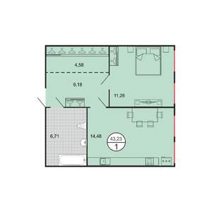 1-к квартира, строящийся дом, 43м2, 1/6 этаж