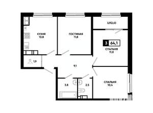 3-к квартира, вторичка, 64м2, 17/24 этаж