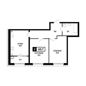 2-к квартира, вторичка, 61м2, 10/16 этаж