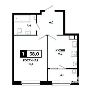 1-к квартира, строящийся дом, 38м2, 11/19 этаж