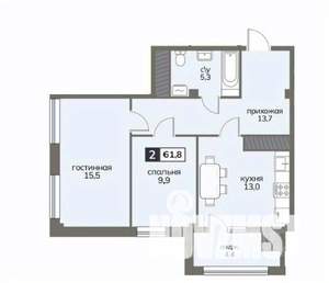 2-к квартира, строящийся дом, 62м2, 11/12 этаж
