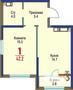 1-к квартира, строящийся дом, 42м2, 19/22 этаж