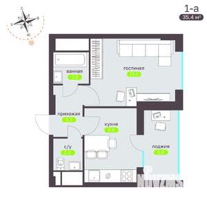 1-к квартира, вторичка, 35м2, 8/19 этаж