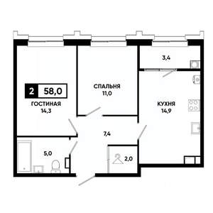 2-к квартира, вторичка, 58м2, 6/21 этаж