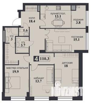 4-к квартира, строящийся дом, 110м2, 1/12 этаж