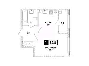 1-к квартира, вторичка, 33м2, 2/12 этаж