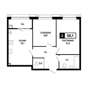 2-к квартира, вторичка, 58м2, 2/20 этаж
