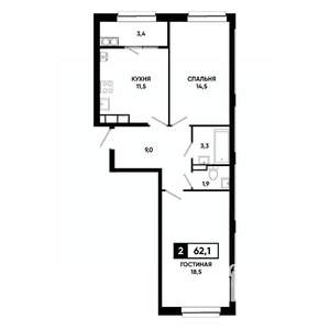 2-к квартира, вторичка, 62м2, 17/19 этаж