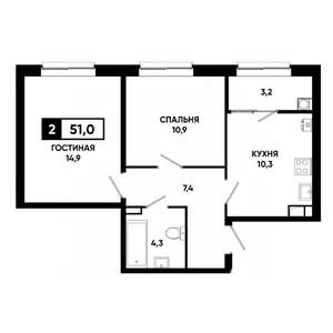 2-к квартира, вторичка, 51м2, 3/19 этаж